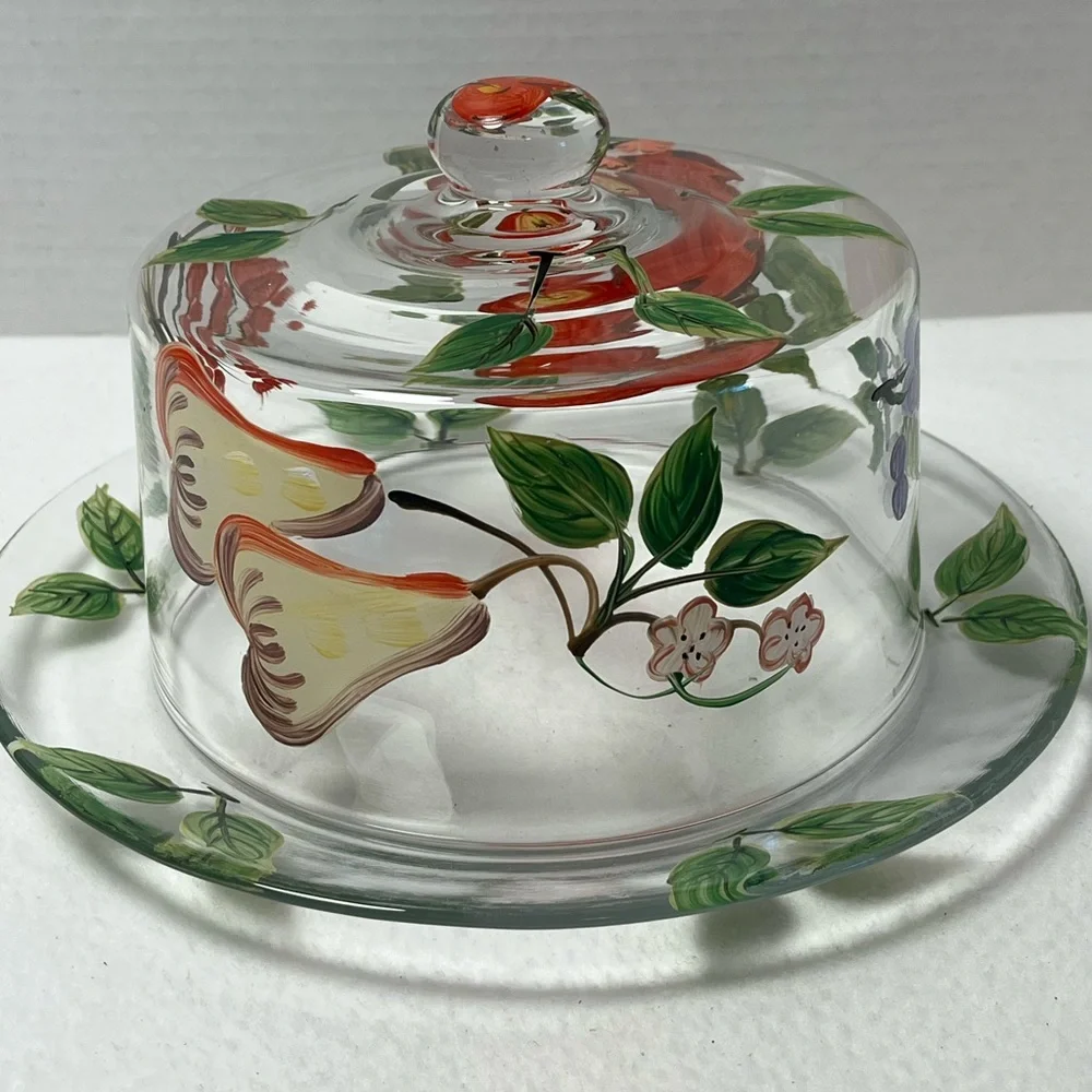Vintage  Hand-Painted Glass Butter Dish with Red Fruit Motif